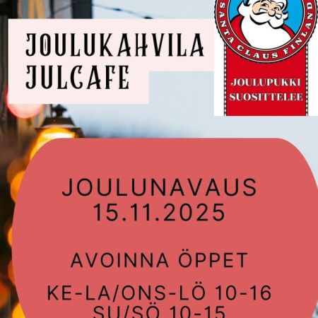 Joulukahvila🎅🎄
Julcafe 🎅🎄

Nähdään 15.11🌟
Ses 15.11 🌟

Visit Porvoo
Ruokapaikka Hanna Maria