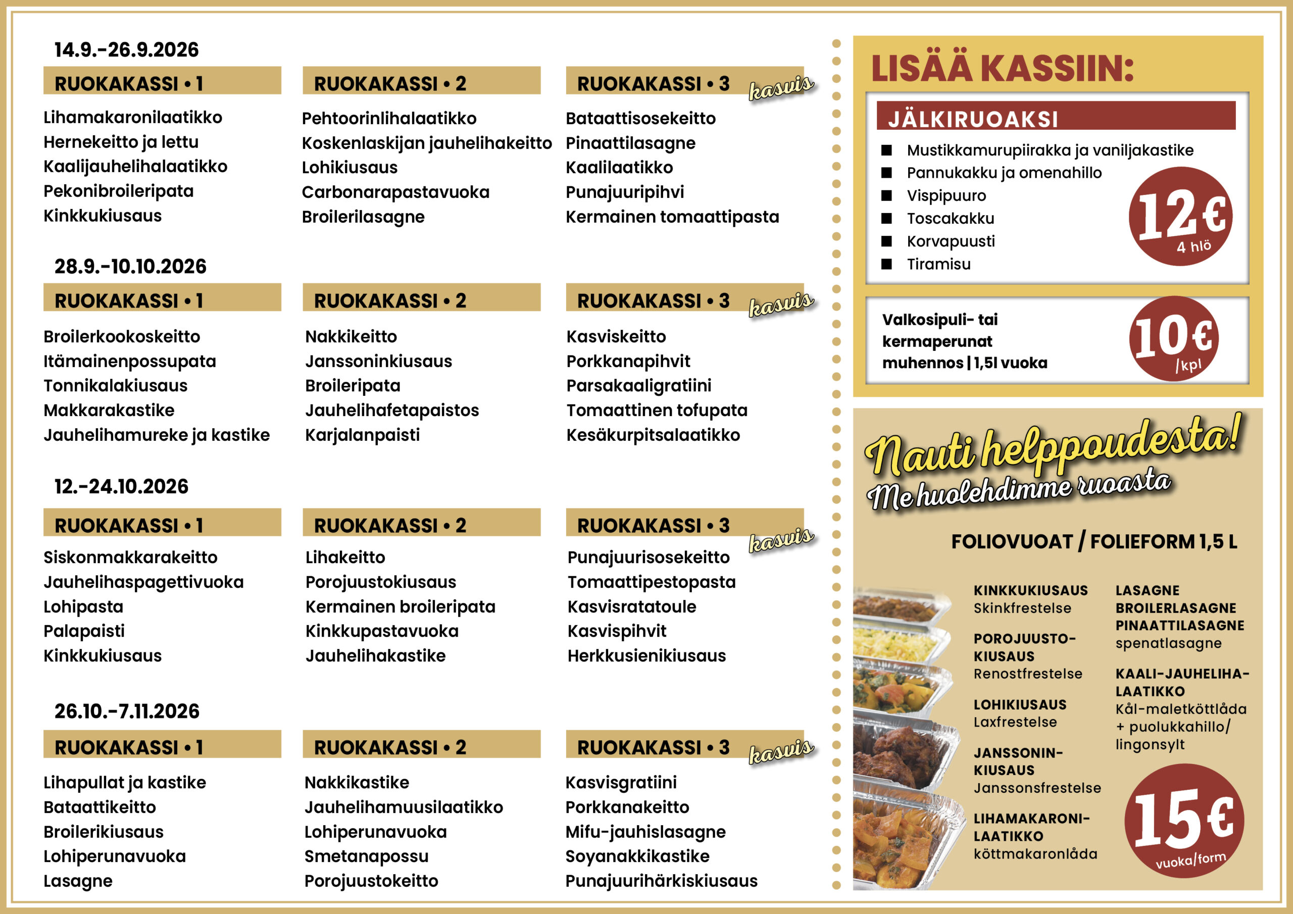 Tulevat ruokakassit. Kommande matkassar