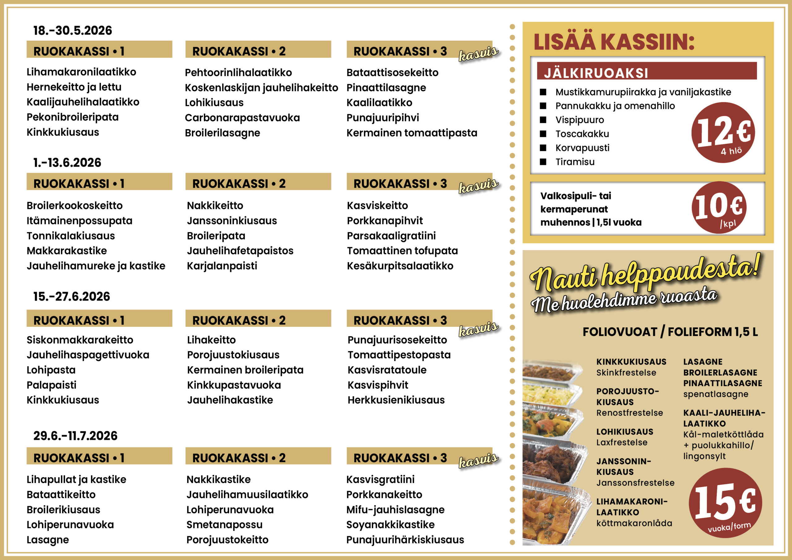 Tulevat ruokakassit. Kommande matkassar