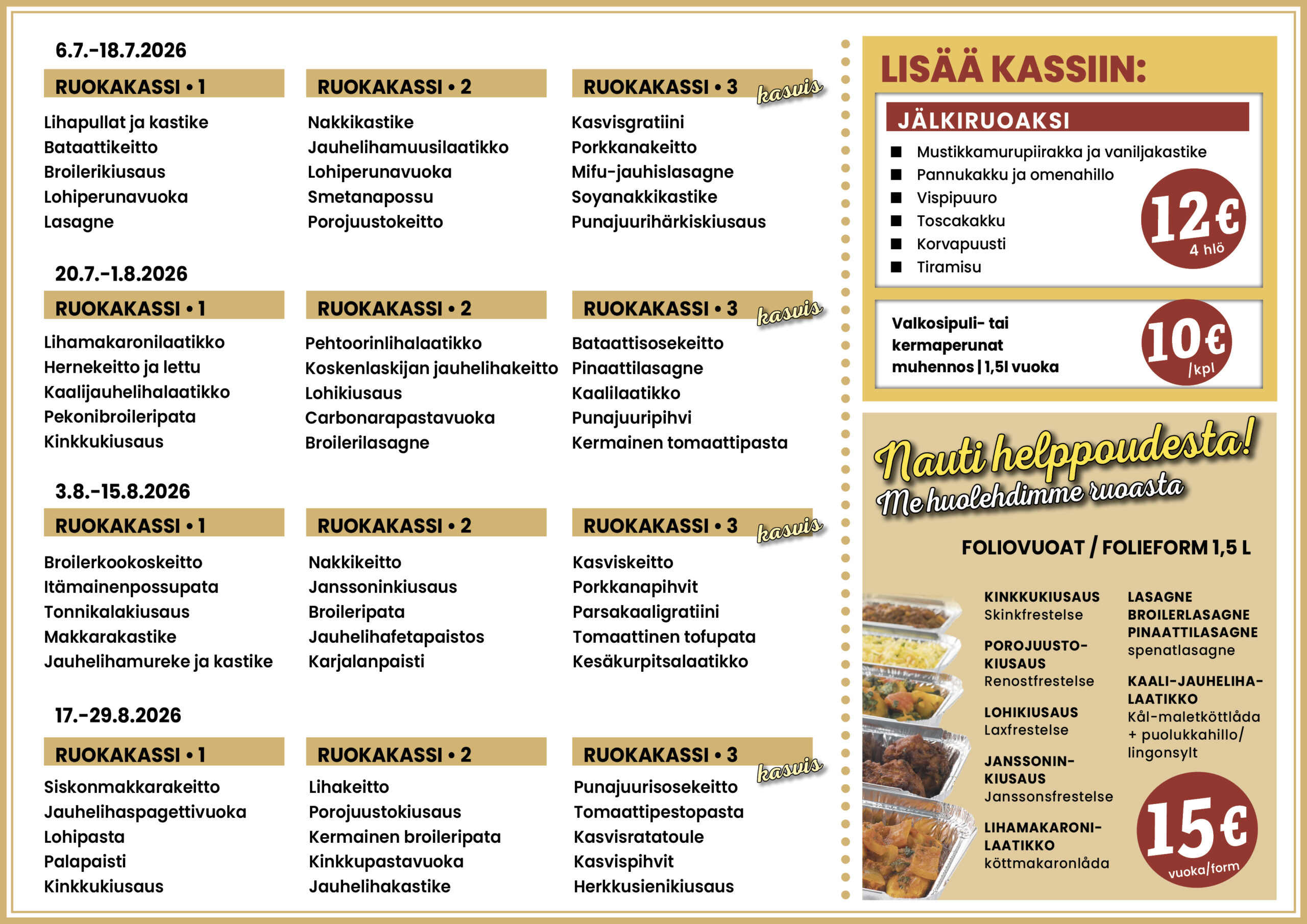 Tulevat ruokakassit. Kommande matkassar