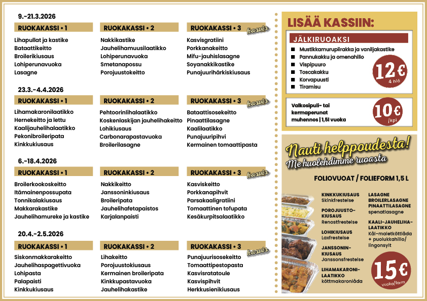 Tulevat ruokakassit. Kommande matkassar